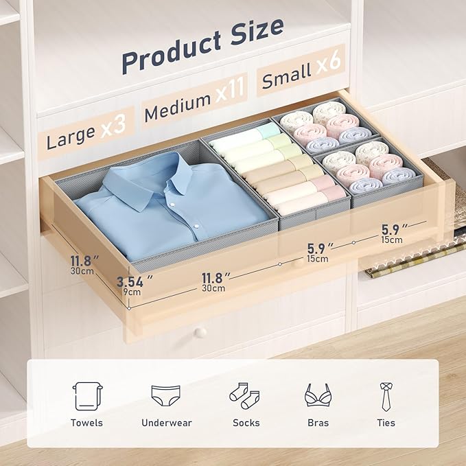 DIMJ Drawer Organizer Clothes - 20 Pack Closet Drawer Organizer Bins for Baby Clothes Storage, Fabric Dresser Organizer for Nursery Bedroom, Foldable Small Drawer Dividers for Underwear Socks
