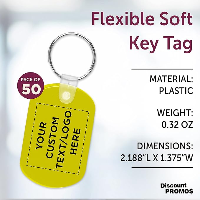DISCOUNT PROMOS Tag Soft Plastic Keychains - 50 pack - Customizable Text, Logo - Small Key Tag Chain For Staying Organized - Rubber Key Ring Keychain – Yellow