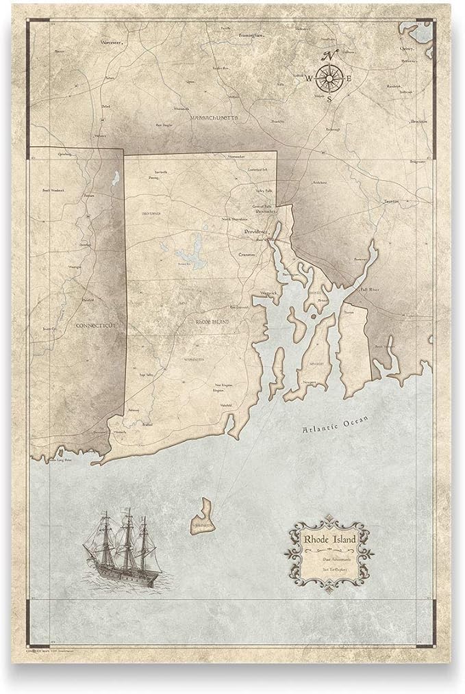 Conquest Maps Push Pin Rhode Island Map Board - With Push Pins to Mark Rhode Island Travels - Handmade in Ohio, USA - Design: Rustic Vintage