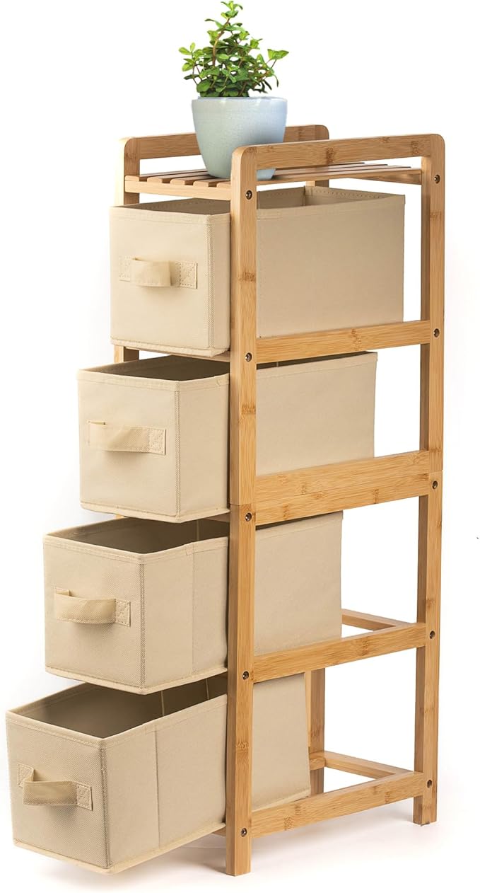 HH DESIGNS Wooden Narrow Dresser- Skinny with 4 Fabric Drawers- Slim for Small Spaces- Vertical Bamboo Storage- Skinny for Bedroom, Living Room, Laundry Room