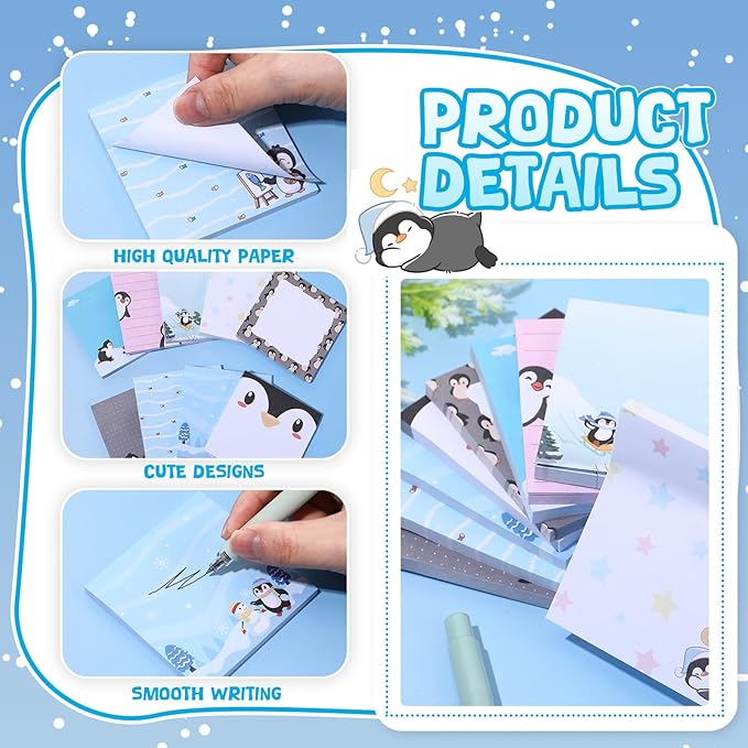 9 Pads Penguin Sticky Notes 3x3 Inch Cute Self Stick Notepads Notes Adhesive Memo Pad Office Decor Gifts for Students School Teacher Meeting Office Supplies