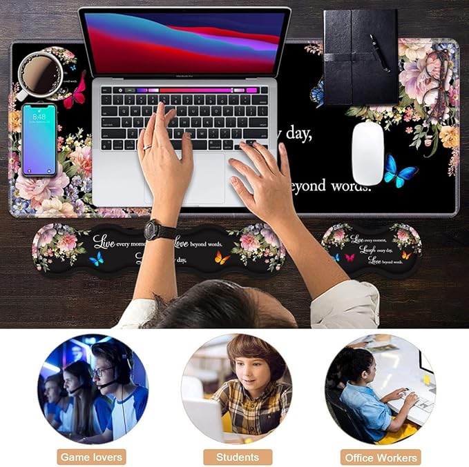 Ergonomic Keyboard Wrist Rest & Mouse Pad Wrist Rest Set, Large XXL Gaming Desk Mat 31.5"x 11.8" with Memory Foam, Easy Typing Pain Relief for Office & Home, Floral Quote Live Laugh Love