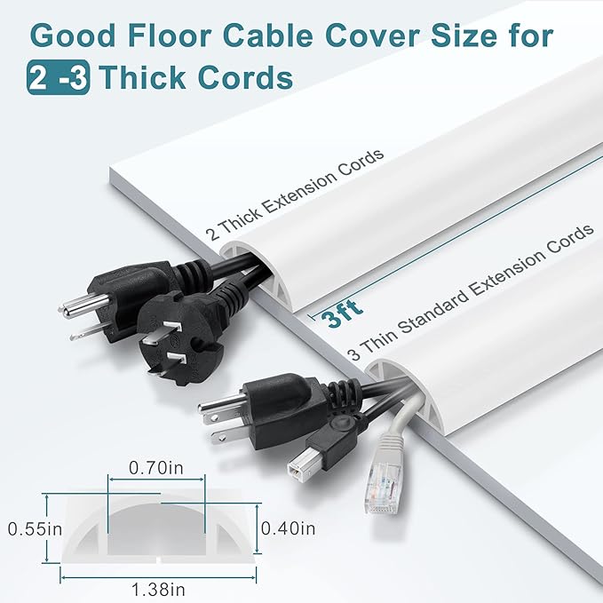 Cord Hider Floor - 3FT White Cord Cover, Soft PVC Wire Covers - Hides Cords - 0.7" W x 0.4" H