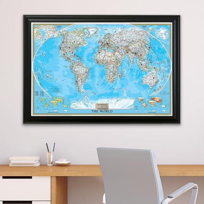 Personalized Classic World Push Pin Travel, Black with 100 Pins - 27.5 inches x 3 9.5 inches - Made in USA