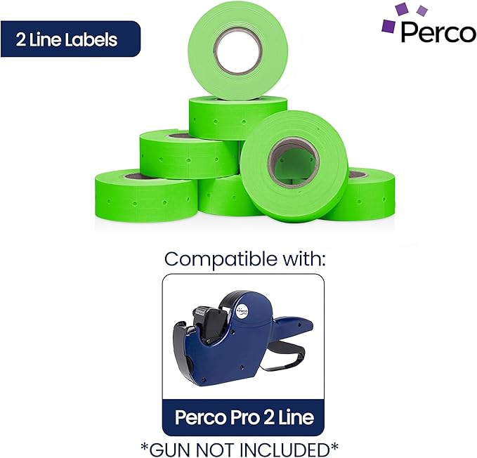 Perco 2 Line Fluorescent Green Labels - 80 Rolls, 10 Sleeves, 80,000 Blank Price and Date Gun Labels for Perco 2 Line Price and Date Guns - Made in USA