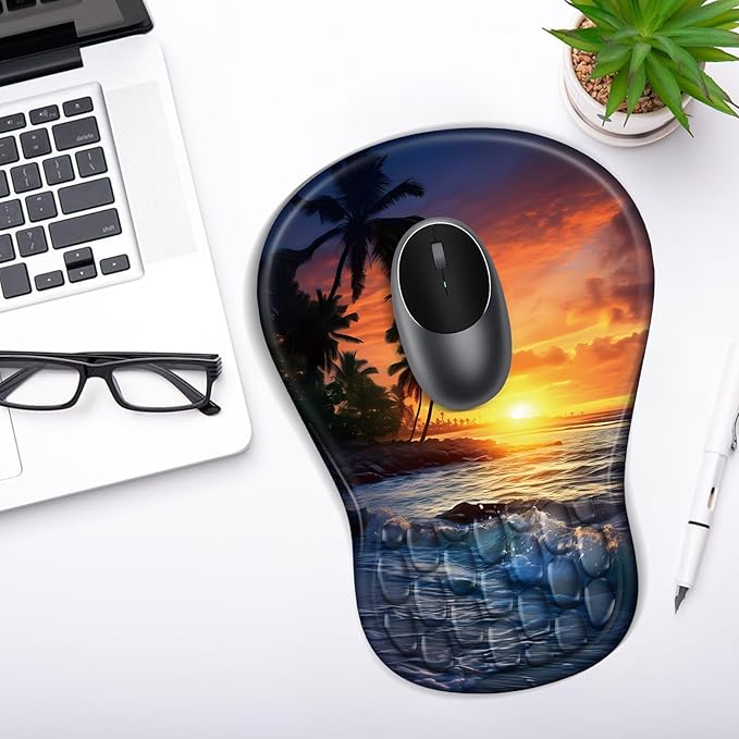 YIWEI Ergonomic Mouse Pad with Wrist Rest - Comfortable Office Mousepad with Memory Foam Wrist Support for Carpal Tunnel Relief, Mouse Pads with Non-Slip Base for Gaming and Home (Sunset Beach)