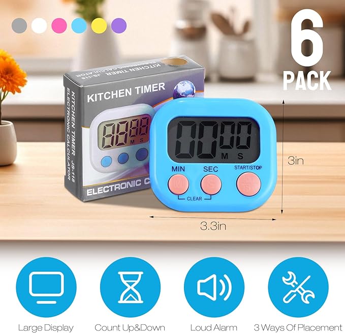 Weewooday 6 Pcs Digital Kitchen Timer Magnetic Timer Bulk On/Off Switch Minute Second Count up Countdown Loud Alarm for Exercise Cook Baking (Novel Color)