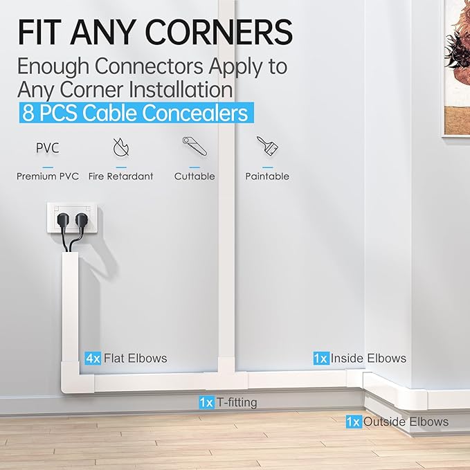 Yecaye Cord Hider, 113in Large Cord Covers for Wires on Wall, Cord Organizer for 3-4 Wires, Easy Install Cable Management Kit, TV Wire Hider for Home Office, W1.18in H0.67in, White