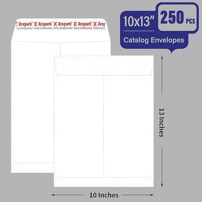 Xxcxpark 250 PCS 10x13 inches Security Catalog Envelopes Printable Self Seal Envelopes, Anti Tear White Kraft Envelopes for Invitation Cards, Pictures, Photos, Documents