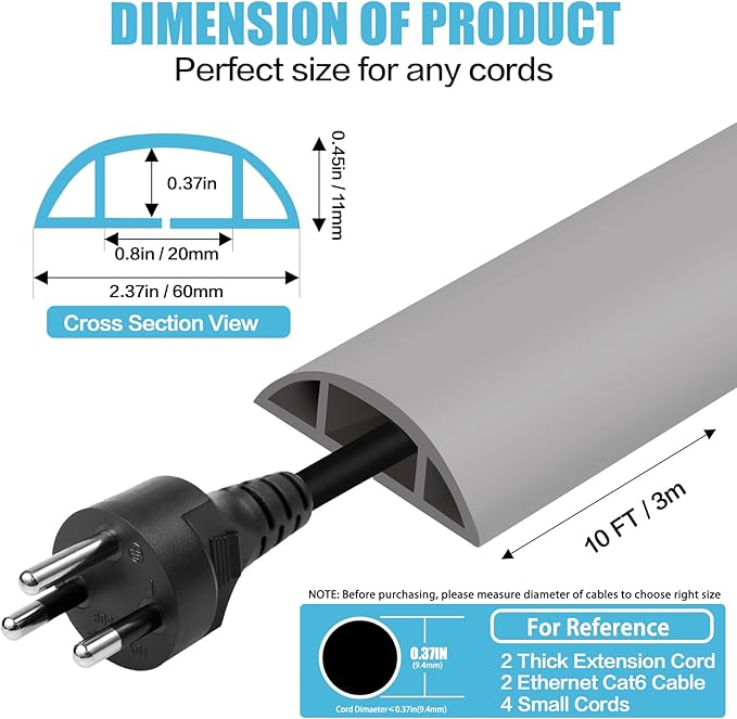 Floor Cord Cover Cavity 0.8"x0.37" Self Adhesive Cord Hider, 10FT Low Profile Cable Management, Extension Strip Protector for Wires, Prevent Cable Trips for Offices, Gyms, Exhibitions（Gray）