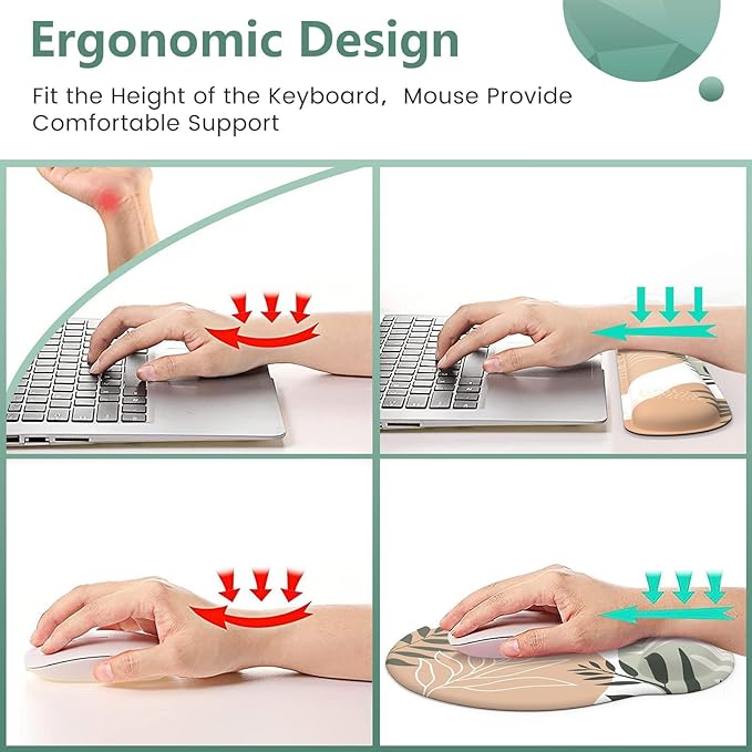 iLeadon Mouse Pad with Wrist Rest Set, Keyboard Wrist Rest + Ergonomic Mouse Pad + Coasters, Easy Typing & Pain Relief Mousepad, Mouse Pad Wrist Support for Computer Home Office, Tropical Leaves