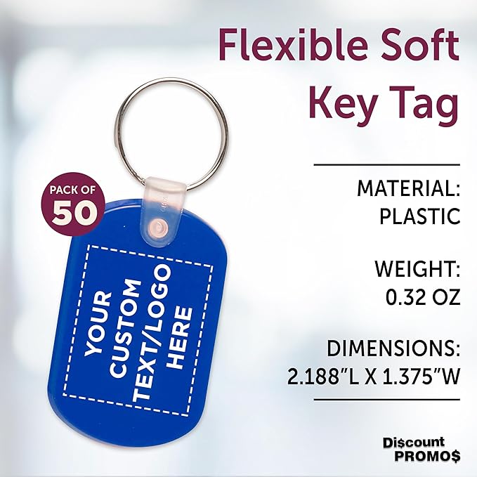 DISCOUNT PROMOS Tag Soft Plastic Keychains - 50 pack - Customizable Text, Logo - Small Key Tag Chain For Staying Organized - Rubber Key Ring Keychain – Blue