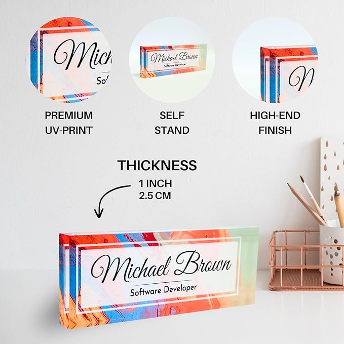 Customized Clear Acrylic Thick 8x3" Desk Name Plate Block with Personalized Logo - Professional Office Decor - Customized Acrylic Plate Gift for Teacher Co-workers, Christmas Gifts for Her, Thanksgiving Gifts (Colorful Paint)