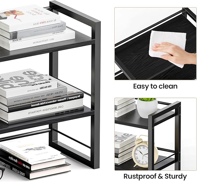 Office Desk Shelf Organizer, Wood Desktop Bookshelf Supplies Storage Rack, Shelf for Top of Desk and Dresser (Pure Black-2 Tier)