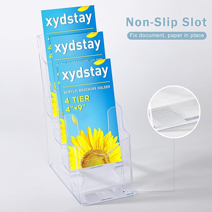 Acrylic Brochure Holder 4 x 9 Inches, 4 Tier Magazine Holder Brochure Display Stand, Clear Pamphlet Flyer Holder, Literature Booklet Holder for Countertop or Wall Mount Use, 2 Pack