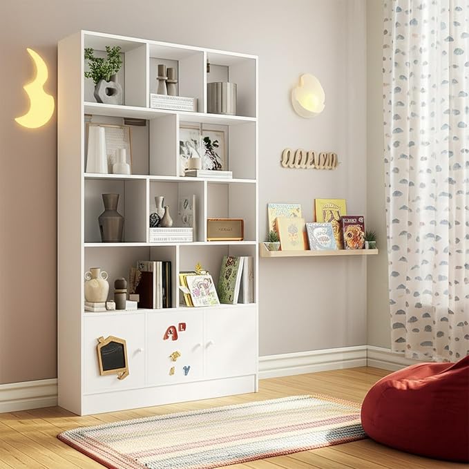 Anystyle White 5-Tier Bookshelf, 13-Cube Storage Cabinet with 3 Doors, Freestanding Bookcase for Living Room & Home Office, 35.4” W x 11.8” D x 65” H