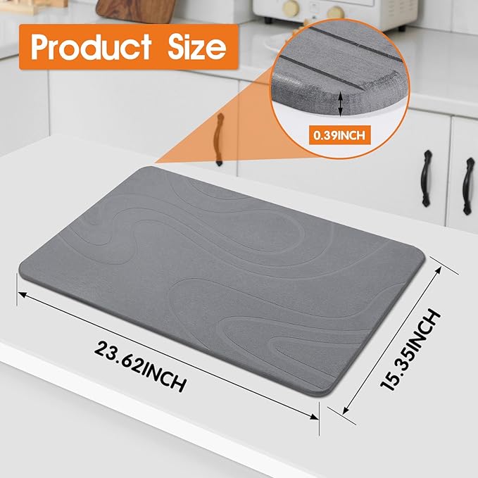 Large Stone Drying Mat for Kitchen Counter - 24"x16" Dirt-Resistant Quick Drying Fast Absorbent Non-Slip Diatomite Mat, Natural Diatomaceous Earth Dish Drying Pad for Dish Rack(Dark Grey)