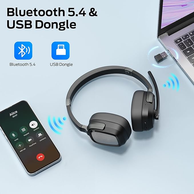 Monster VoiceLink 200 Wireless Headset with Mic for Work, Bluetooth V5.4 Headphones with AI Noise Cancelling Mic & USB Dongle, 60H Playtime & Mic Mute for Computer/Laptop/PC/iPhone/Android