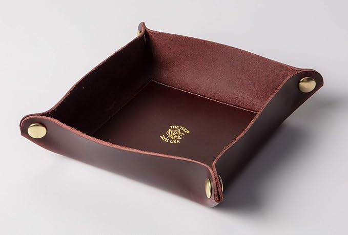 USA Handmade Premium Leather Valet Tray, Folds Flat! Dice Rolling Basket and Organizer with Brass Rivets (Burgundy, Medium)