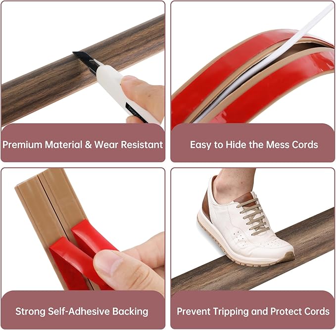 Floor Cord Cover Self Adhesive Cord Hider Floor Extension Cord Covers for Floor Power Cord Protector Cable Management Prevent Cable Trips Cable Cavity 0.59" W x 0.31" H (Smoked Brown Wood, 10Ft)