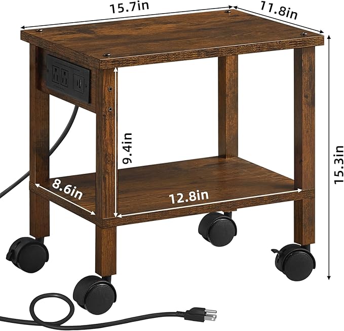 Lerliuo Under Desk Printer Stand with Charging Station, 2 Tier Wooden Small Printer Table with Storage, Rolling Printer Cart Shelf with Lockable Wheels for Home, Office (Brown)