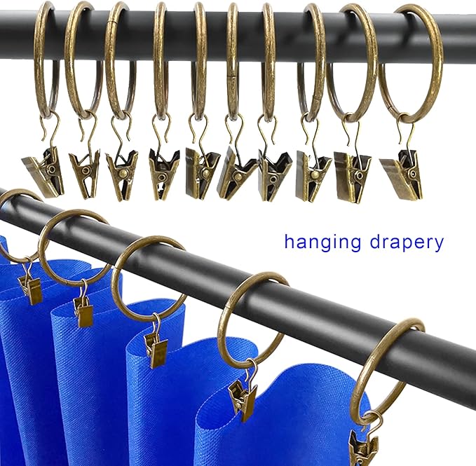 LLPJS 60 Pack Metal Curtain Rings with Clips, Curtain Clip Rings Hooks for Hanging Drapery Drapes Bows, Curtain Rod Rings 1.5 inch Interior Diameter, Bronze