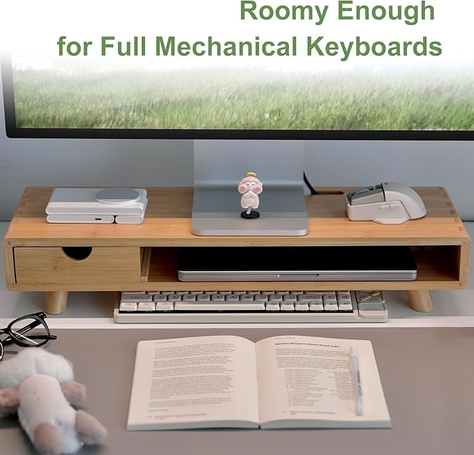 Bamboo Monitor Stand Riser with Drawer, Ergonomic Computer Riser for Desk with Cable Management & Storage Organizer, Wood Monitor Stand for Home Office