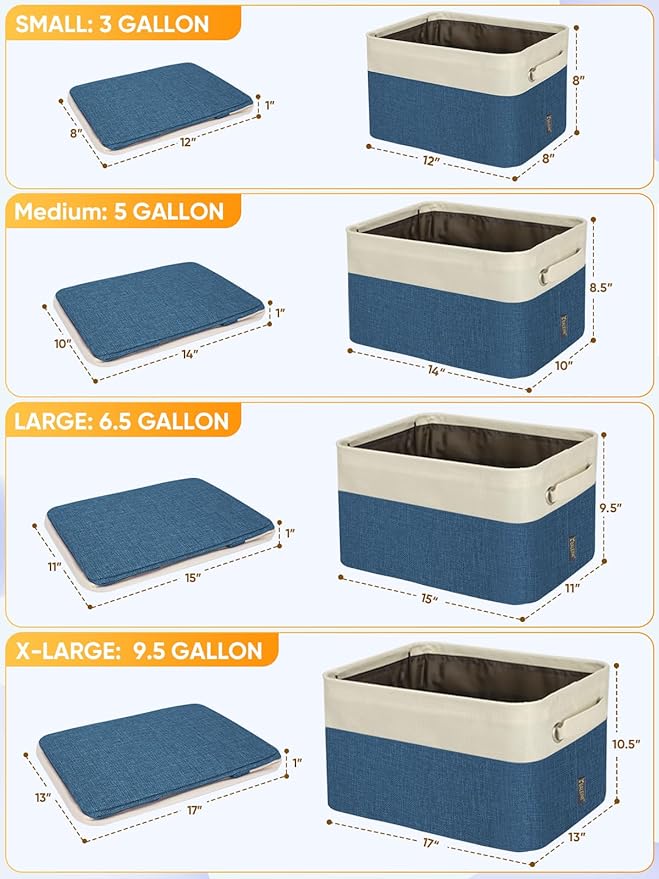 BALEINE 4 Pack Fabric Storage Bins for Shelves, Linen Storage Baskets for Organizing, Decorative Closet Bins for Clothes, Home (Navy Blue, 12"x8"x8")