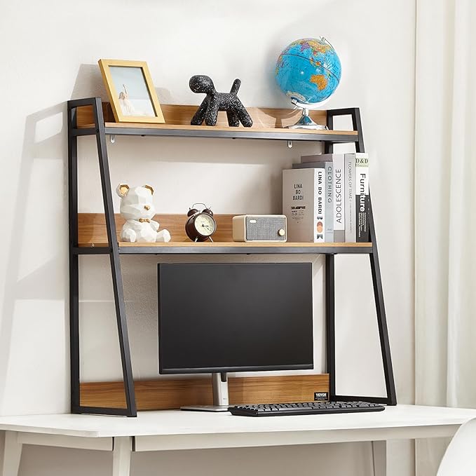 VEVOR 2-Tier Desktop Storage Organizer, 37.4" x 12.6" x 35.4" Office Storage Rack, Wood Color Display Shelf, Desktop Bookshelf Hutch with Anti-Slip Feet Pads, for Office, Home & Dorm