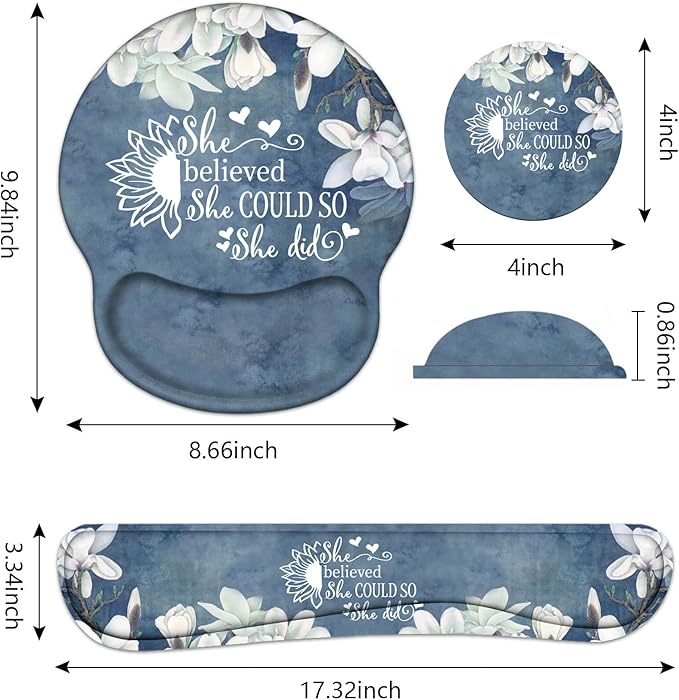 Keyboard Wrist Rest and Mouse Pad Wrist Support Set with Coasters, Inspirational Quote She Believed She Could So She Did Wrist Support Mouse Pad with Non-Slip PU Base for Computer Laptop Home Office