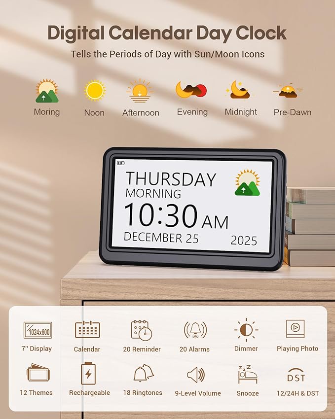 Clock with Day and Date for Elderly Battery Operated, Rechargeable Digital Calendar Clock with 12 Display Modes, 20 Alarms and Medicine Reminders, Dementia Clocks for Seniors Memory Loss Alzheimer's