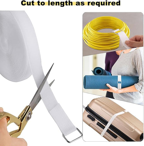 1"x16ft Hook and Loop Straps with 25 Metal Buckles, Adjustable Fastening Cable Straps, Cut-to-Length Cinch Strap, Reusable Nylon Securing Cord Ties for Organizer or Storage, 1 inch Wide, White