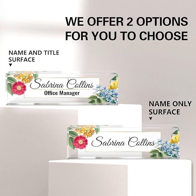 Name Plate for Desk, Desk Name Plate Personalized, Blue Office Decor for Women Men, Acrylic Desktop Accessories, Office Gifts for Boss Nurse Teacher Coworker, Employee Appreciation Gift (Flowers B)