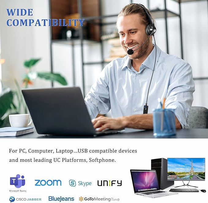Callez USB Headset with Noise Cancelling Mic & Mute Controls, Mono Computer Headphones for Laptop PC Skype Zoom Webinar Business Call Center Home Office, Clear Chat, Super Lightweight (C500U3)