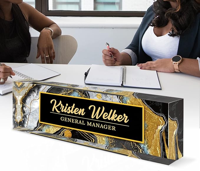 Personalized Name Plate, Custom Office Decor - Acrylic Desk Accessory, Office Gifts for Employees (Black Coast)