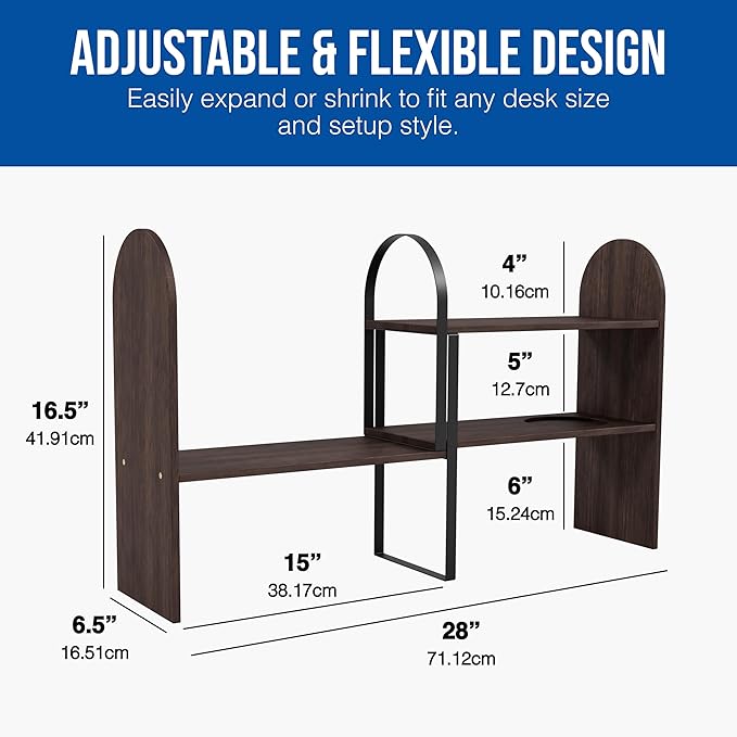 Maplefield Desk Hutch Expandable Shelf Organizer, Walnut Finish, Engineered Wood Desktop Storage Rack for Office, Dorm, or Home – Adjustable Over Desk Bookshelf for Supplies, Decor & Accessories