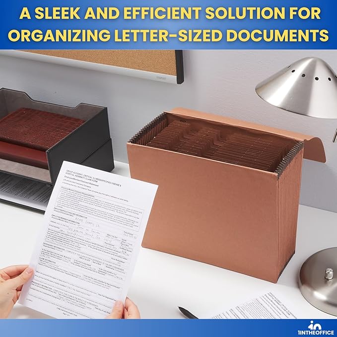 1InTheOffice Expanding File Folder Organizer, Accordion Folder with Flap, A-Z File Organizer Letter Size, Brown