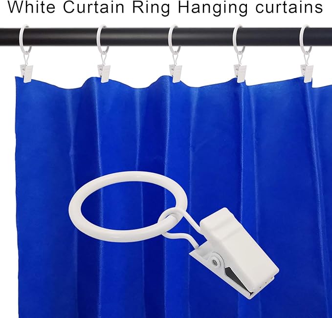 AMZSEVEN 100 Pack Metal Curtain Rings with Clips, Drapery Clips with Rings, Drapes Rings 1 inch Inner Diameter, Fits Diameter 5/8 inch Curtain Rods, White