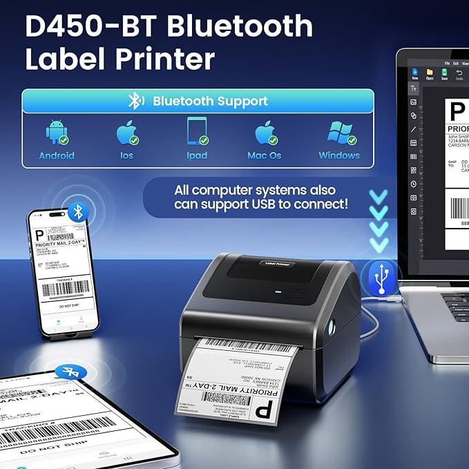 Bluetooth Shipping Label Printer 4x6, D450BT Thermal Label Printer for Shipping Packages, Thermal Printers for Small Business, Compatible with Android, iPhone, Windows, macOS, UPS, Tiktok