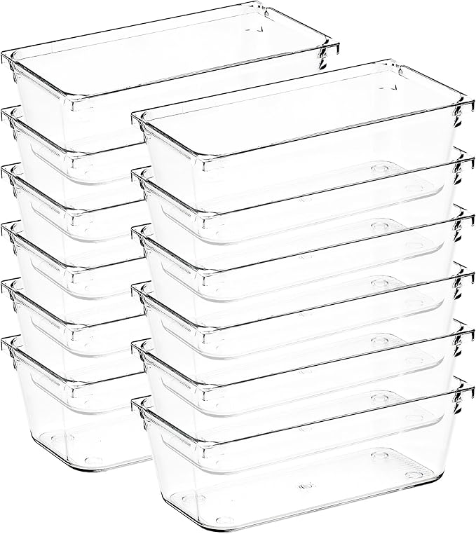 12 Pack Drawer Organizer - 3" X 6" Clear Acrylic Storage Bins with Non-Slip Pads, Versatile Desk Tray for Makeup, Jewelry, Kitchen, Bathroom, and Office Organization