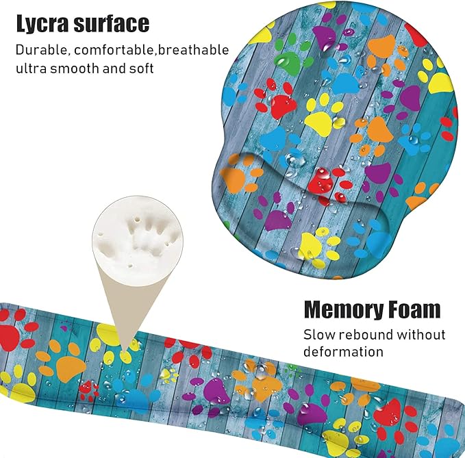 Keyboard Wrist Rest and Mouse Pad Wrist Support Set, Non-Slip PU Base Ergonomic Gaming Mousepad for Home Office Working Studying Easy Typing & Pain Relief, Rustic Wooden Board Colorful Paw Print