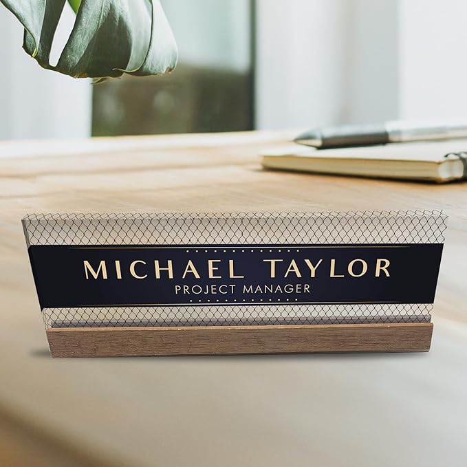 Artblox Personalized Office Desk Name Plate With Business Card Holder | Clear Acrylic Glass with Teak Wood Stand | Net Shape Design Customized with Your Name and Credentials Office Desk Décor