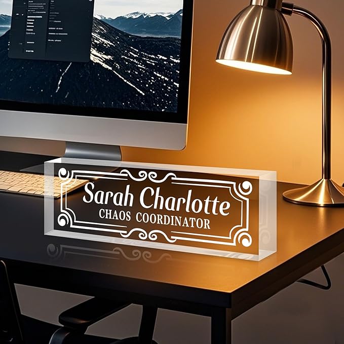 Custom Name Plate for Desk, Personalized Desk Name Plate on Clear Acrylic Glass, Appreciation Gifts for Teacher Employee Boss Coworkers Nurse, Office Desk Accessories for Women Men (Engraved Form)