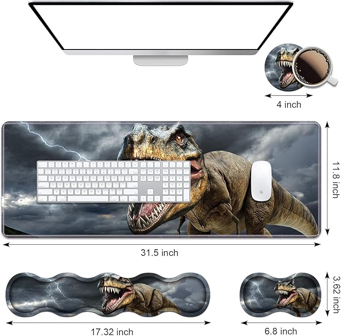 Ergonomic Keyboard Wrist Rest & Mouse Pad Wrist Rest Set, Large XXL Gaming Desk Mat 31.5"x 11.8" with Memory Foam, Easy Typing Pain Relief for Office & Home, Dinosaur