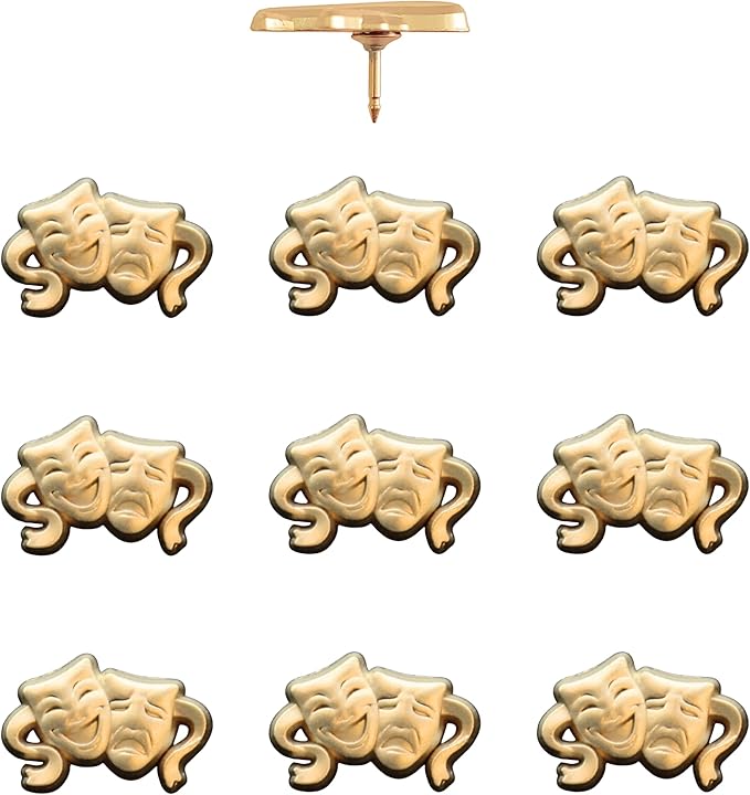 Comedy and Tragedy Masks Push Pins - Gold Theater Mask Map Pins for Cork Boards, Maps, or Lapel Use - Designed in USA - Set of 10