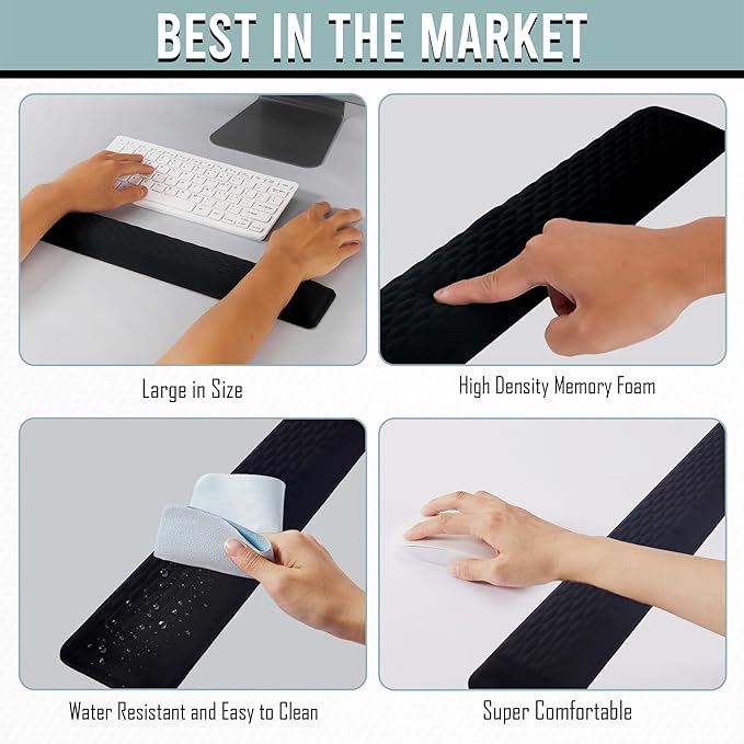 Keyboard Wrist Rest Black, Extra-Wide Ergonomic Memory Foam Wrist Rest Arm Cushion, Soft Non-Slip Wrist Support Pad for Computer, Laptop & Desk | Pain Relief & Typing Comfort for Office & Gaming