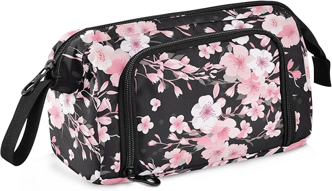 Black Cherry Blossom Pencil Case Pouch Big Capacity Pencil Bag Box Organizer Pen Case Pencil Pouch Aesthetic with Handle for Girls Boys Adults Women School Office