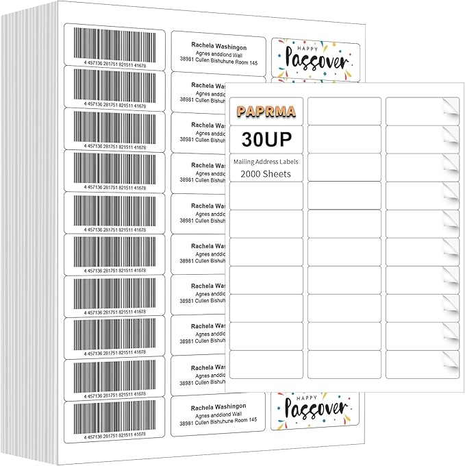 PAPRMA 1" x2-5/8 Address Label for Laser Inkjet Printer 2000 Sheets, Printable Shipping Label 30 per Sheet, 5160 8160 White Mailing Labels for Package Envelope