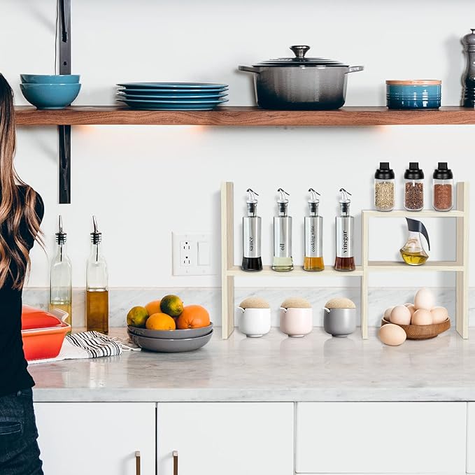 TY ARTS & CULTURE - Expandable Wood Desktop Storage Organizer Multipurpose Desk Bookshelf Display Shelf Rack Counter Top Bookcase for Office Home | Natural Beige