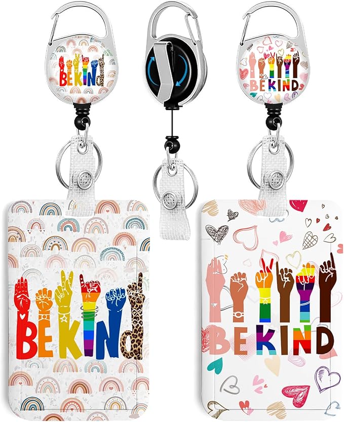 2 Pack Be Kind ID Badge Holder with Heavy Duty Retractable Reel Keychain for WomenStudents,Teachers, Nurses, Office Use